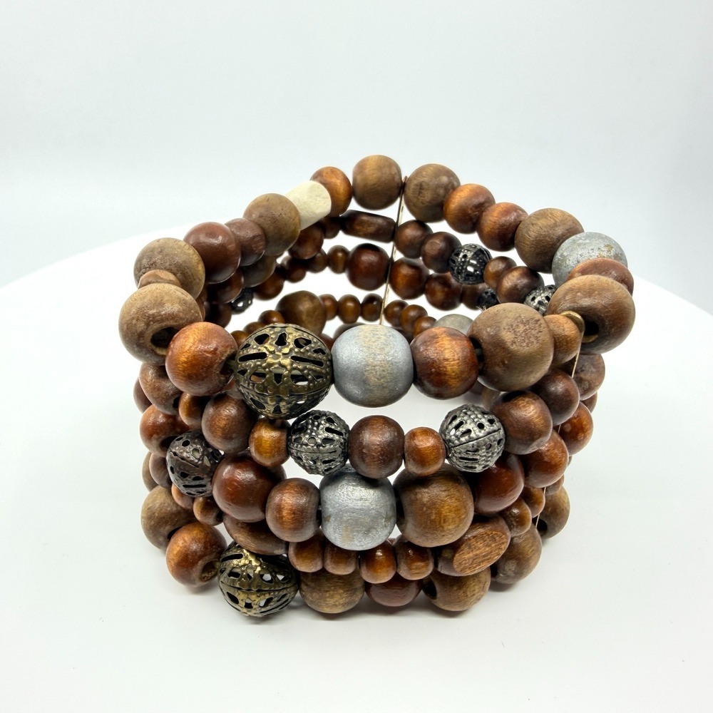 Vintage Boho Multi Row Natural Wood Bead Memory Wire Cuff Bracelet Filigree